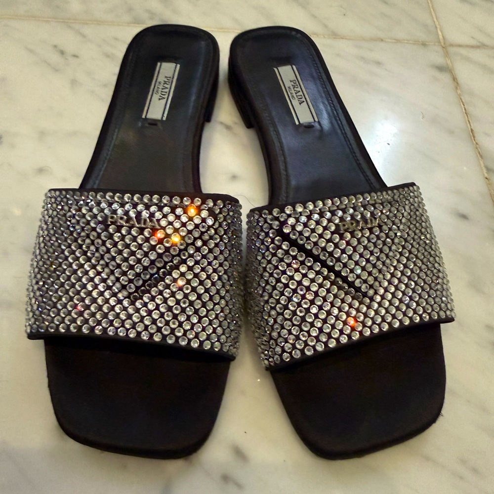 Prada Crystal Embellished Slides - 38
